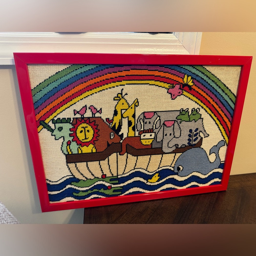 VTG Retro Noahs Ark Rainbow Animals Completed‎ Needlepoint Framed Wall Art Red